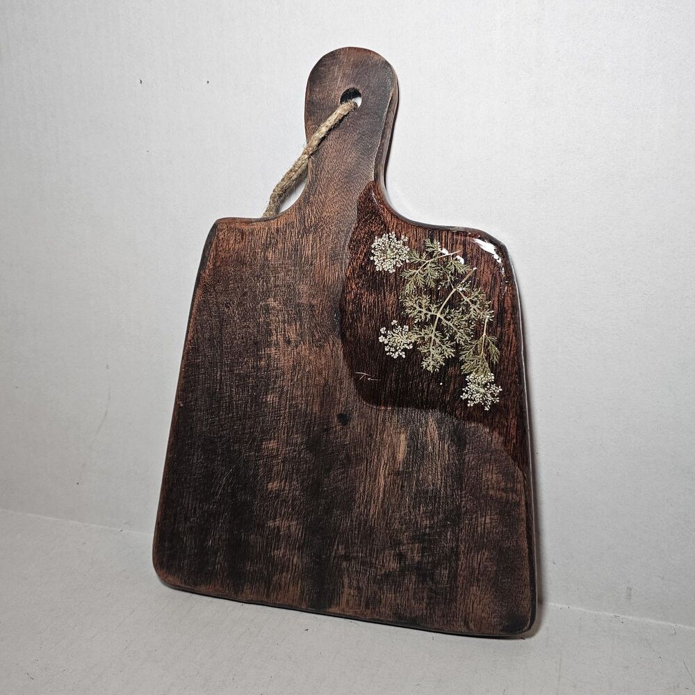 Small, Dark Mango Wood Charcuterie or Serving Board Resin White Flowers Wall Art